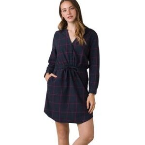 PRANA | Womens Loop To Pines Blue Plaid Red Windowpane Flannel Dress size Small